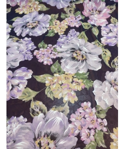 Czarna tkanina szyfon z wzorem - pastelowe kwiaty piwonii